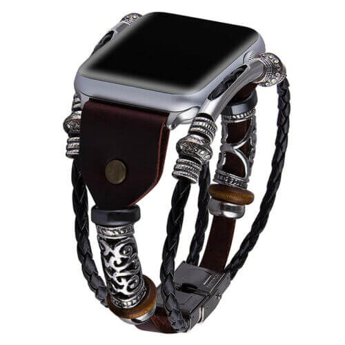 "Vintage klockarmband i PU-läder för Apple Watch, svart eller brunt. Elegant design, perfekt damaccessoar."