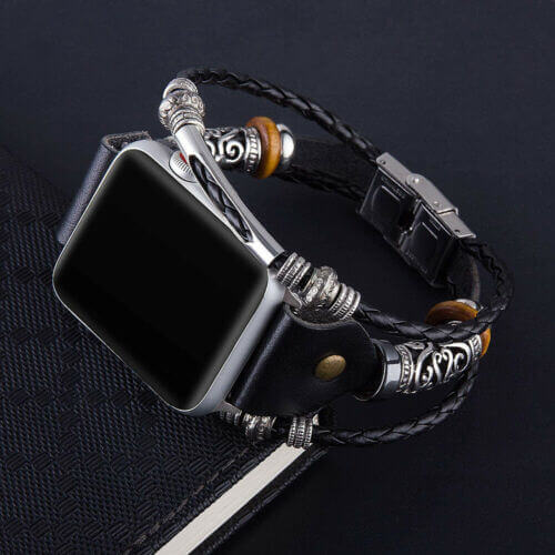 "Vintage klockarmband i PU-läder för Apple Watch, svart eller brunt. Elegant design, perfekt damaccessoar."