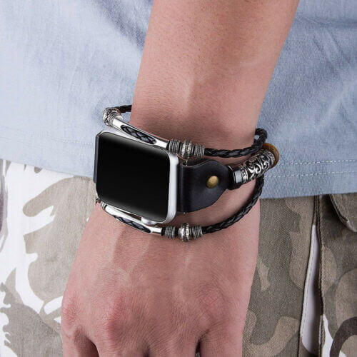"Vintage klockarmband i PU-läder för Apple Watch, svart eller brunt. Elegant design, perfekt damaccessoar."