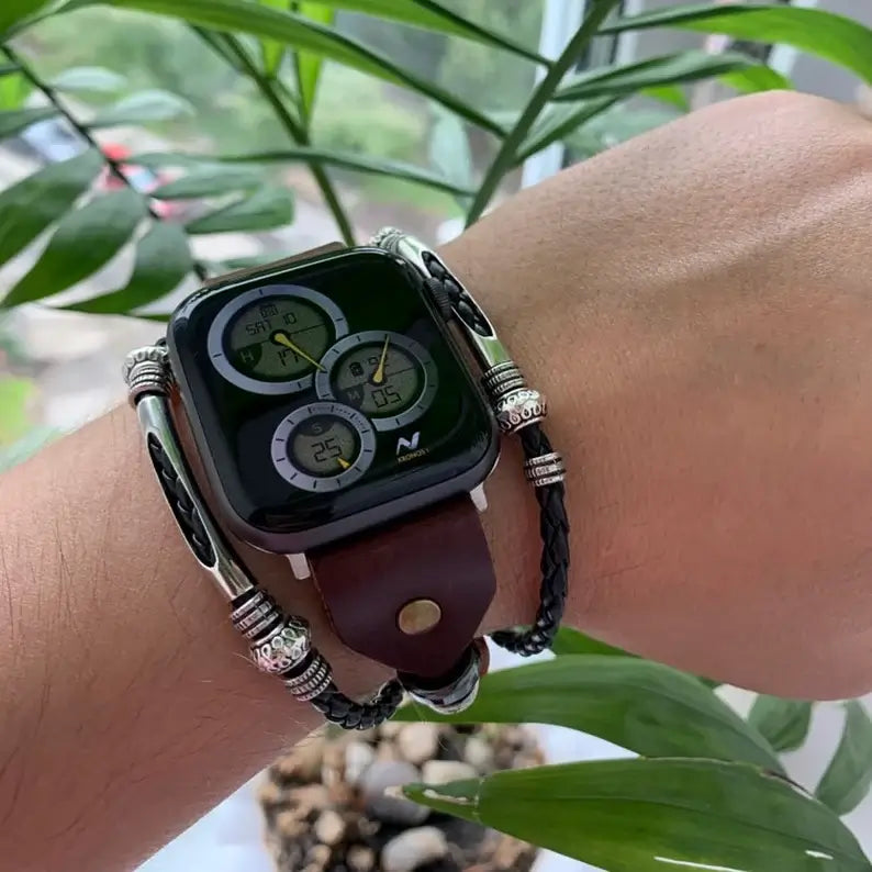 "Vintage klockarmband i PU-läder för Apple Watch, svart eller brunt. Elegant design, perfekt damaccessoar."