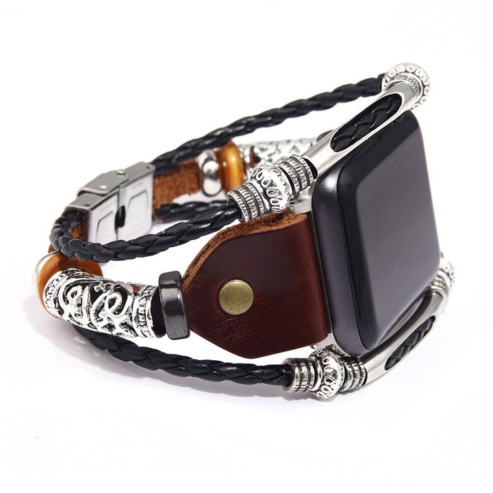 "Vintage klockarmband i PU-läder för Apple Watch, svart eller brunt. Elegant design, perfekt damaccessoar."