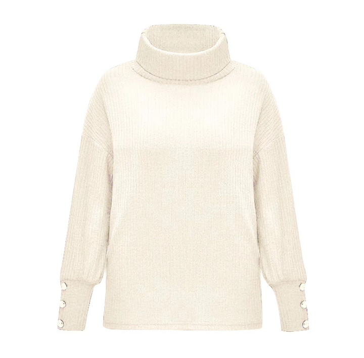 "Vintage turtleneck stickad tröja för kvinnor, elegant med metallknappar, mjukt material, perfekt för vinterdagar."