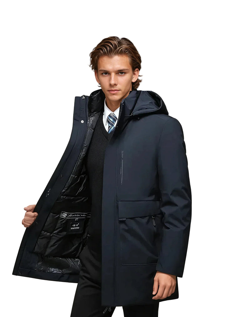 Vinter parka för herrar med huva och fickor, väderbeständigt material, stilren design, perfekt för kalla dagar.