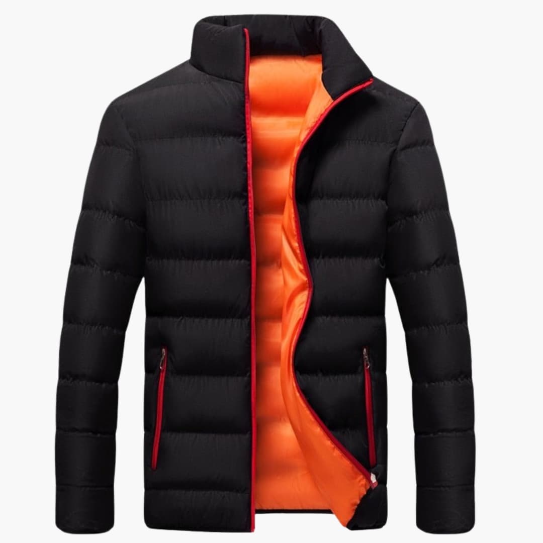"Vinterjacka för herrar med hög krage, sidofickor och dragkedja, idealisk för kalla vinterdagar och utomhusaktiviteter."