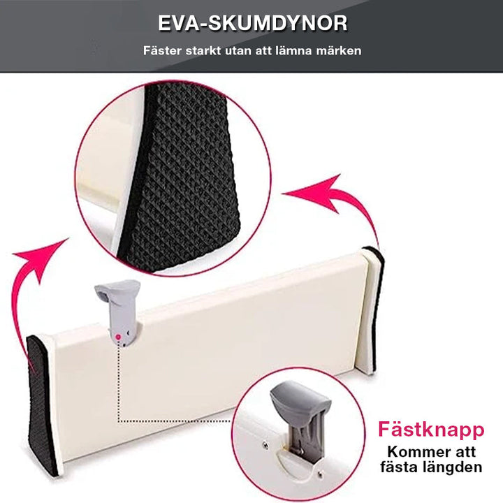 "Vita justerbara lådavdelare i ABS, organisera köksredskap och kontorsmaterial, sparar utrymme och tid."