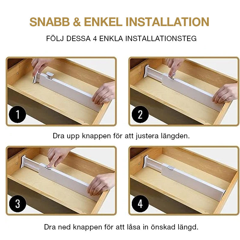 "Vita justerbara lådavdelare i ABS, organisera köksredskap och kontorsmaterial, sparar utrymme och tid."