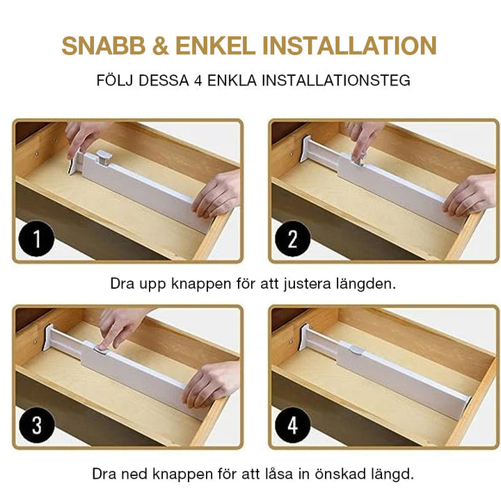 "Vita justerbara lådavdelare i ABS, organisera köksredskap och kontorsmaterial, sparar utrymme och tid."