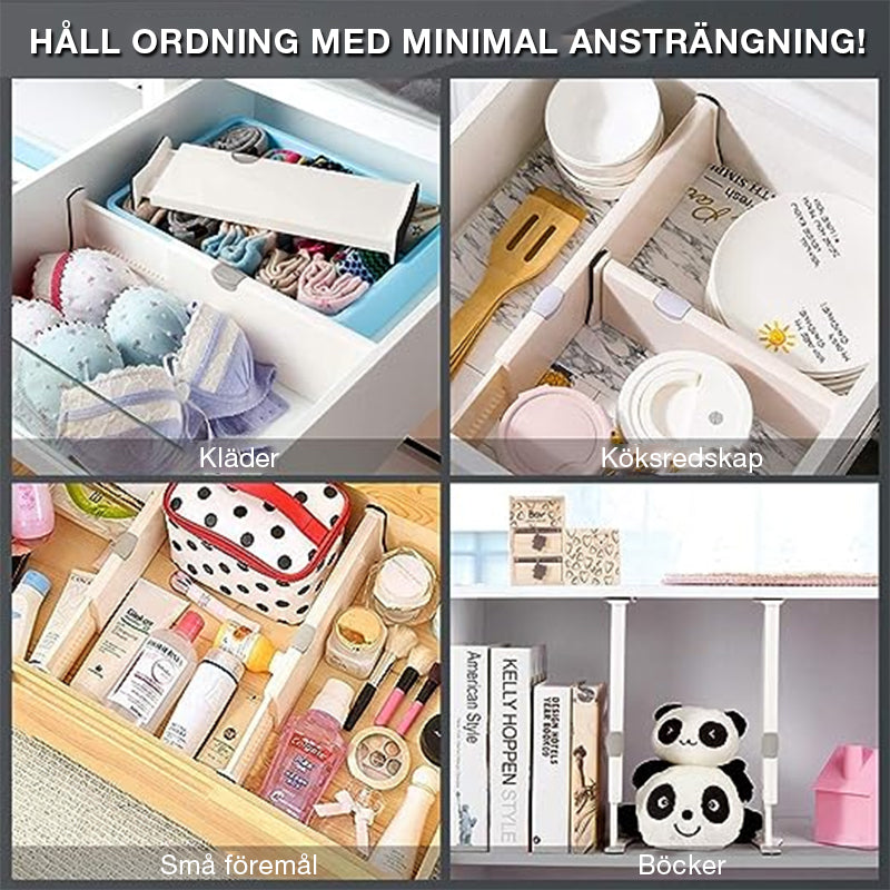 "Vita justerbara lådavdelare i ABS, organisera köksredskap och kontorsmaterial, sparar utrymme och tid."