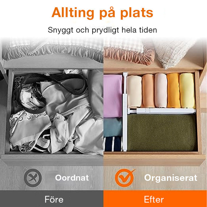 "Vita justerbara lådavdelare i ABS, organisera köksredskap och kontorsmaterial, sparar utrymme och tid."