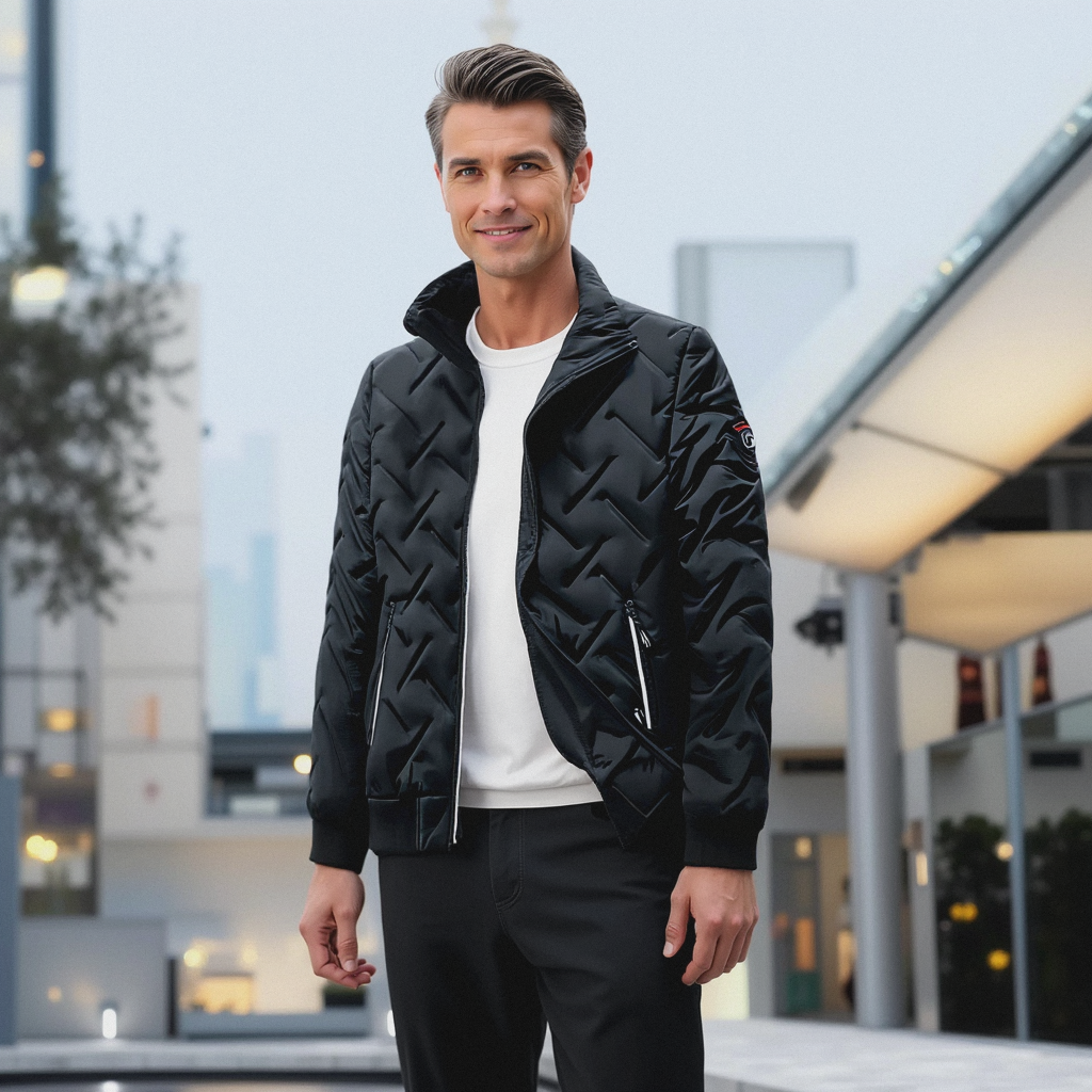 "Värmande herrjacka i modern design, mjukt material, trendig stil, perfekt för kalla dagar."