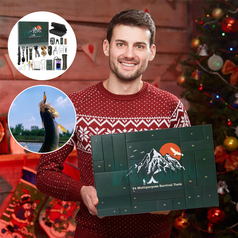 "Adventskalender 2024 för friluftsälskare, designad med campingtema, fylld med dagliga överlevnadsöverraskningar."