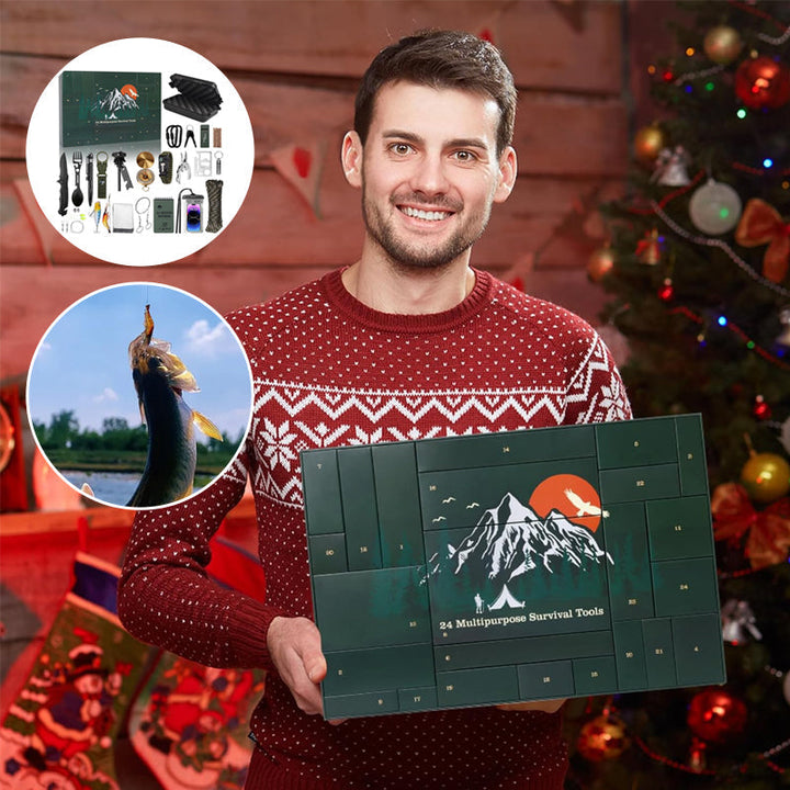 "Adventskalender 2024 för friluftsälskare, designad med campingtema, fylld med dagliga överlevnadsöverraskningar."