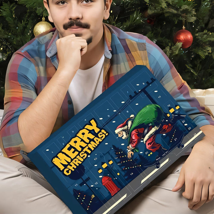 "Adventskalender 2024 för friluftsälskare, designad med campingtema, fylld med dagliga överlevnadsöverraskningar."