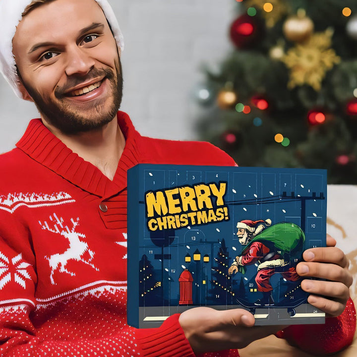 "Adventskalender 2024 för friluftsälskare, designad med campingtema, fylld med dagliga överlevnadsöverraskningar."