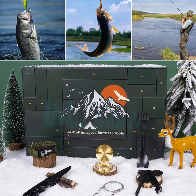 "Adventskalender 2024 för friluftsälskare, designad med campingtema, fylld med dagliga överlevnadsöverraskningar."