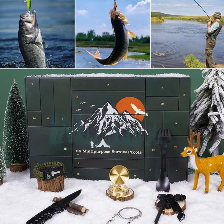 "Adventskalender 2024 för friluftsälskare, designad med campingtema, fylld med dagliga överlevnadsöverraskningar."