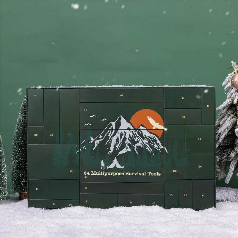 "Adventskalender 2024 för friluftsälskare, designad med campingtema, fylld med dagliga överlevnadsöverraskningar."