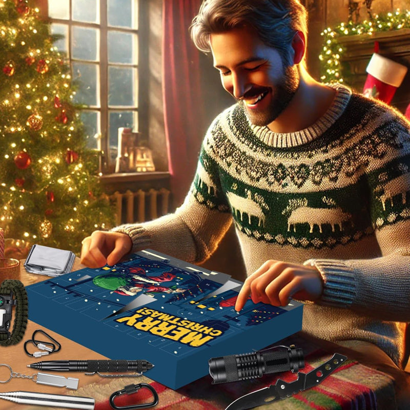 "Adventskalender 2024 för friluftsälskare, designad med campingtema, fylld med dagliga överlevnadsöverraskningar."