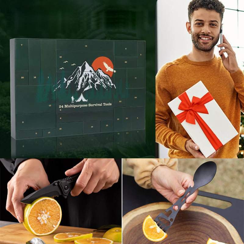 "Adventskalender 2024 för friluftsälskare, designad med campingtema, fylld med dagliga överlevnadsöverraskningar."