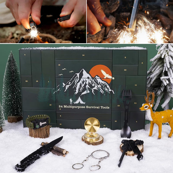 "Adventskalender 2024 för friluftsälskare, designad med campingtema, fylld med dagliga överlevnadsöverraskningar."