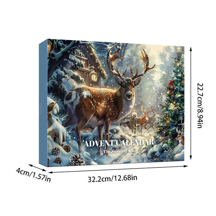 "Adventskalender 2024 överlevnadskit, multifunktionella verktyg i kraftig förpackning, idealisk för friluftsäventyr."