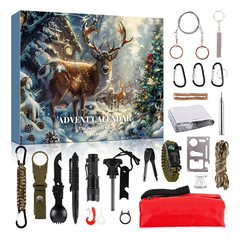 "Adventskalender 2024 överlevnadskit, multifunktionella verktyg i kraftig förpackning, idealisk för friluftsäventyr."