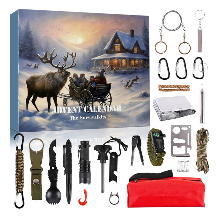 "Adventskalender 2024 överlevnadskit, multifunktionella verktyg i kraftig förpackning, idealisk för friluftsäventyr."