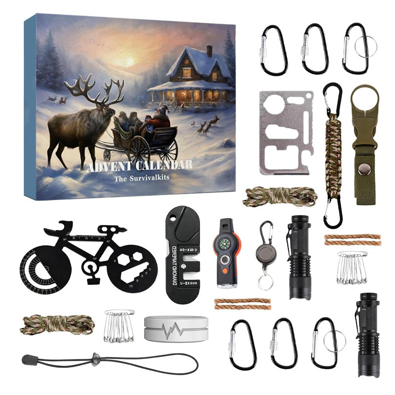 "Adventskalender 2024 överlevnadskit, multifunktionella verktyg i kraftig förpackning, idealisk för friluftsäventyr."