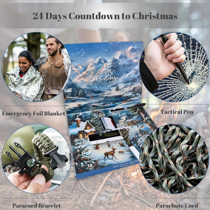 "Adventskalender 2024 överlevnadskit, multifunktionella verktyg i kraftig förpackning, idealisk för friluftsäventyr."