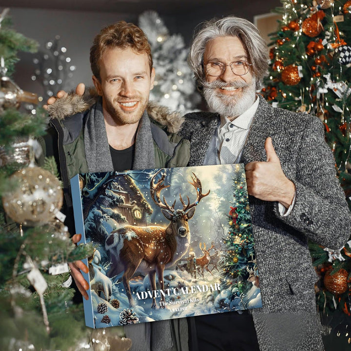 "Adventskalender 2024 överlevnadskit, multifunktionella verktyg i kraftig förpackning, idealisk för friluftsäventyr."