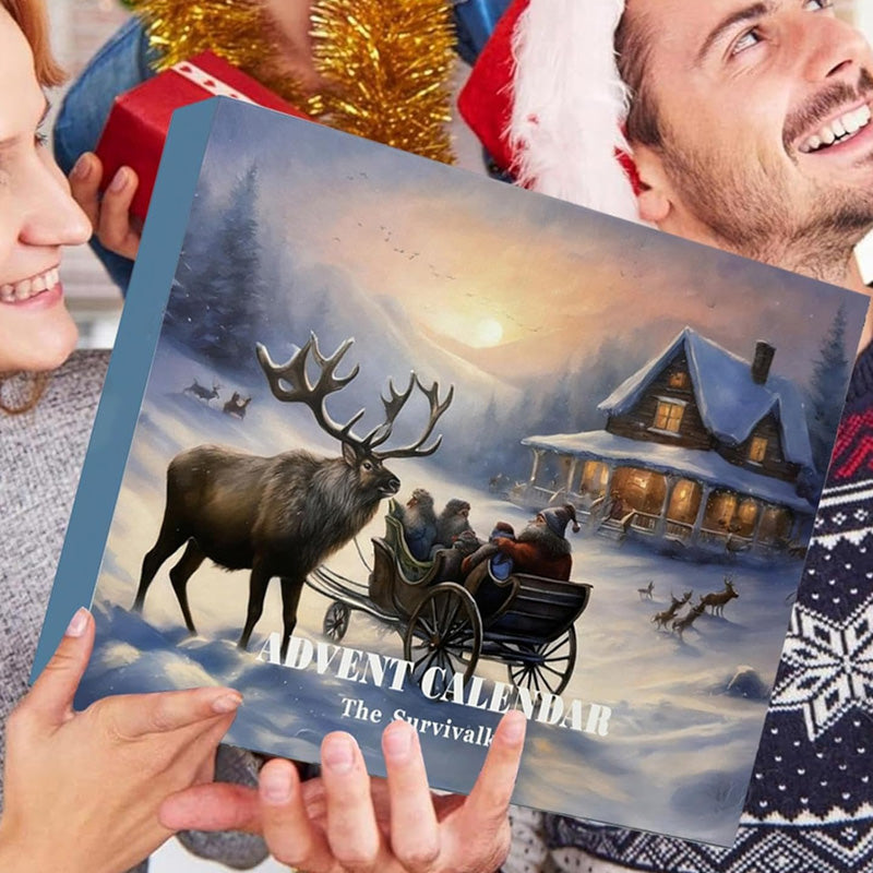 "Adventskalender 2024 överlevnadskit, multifunktionella verktyg i kraftig förpackning, idealisk för friluftsäventyr."