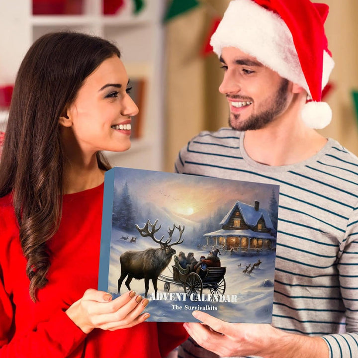 "Adventskalender 2024 överlevnadskit, multifunktionella verktyg i kraftig förpackning, idealisk för friluftsäventyr."