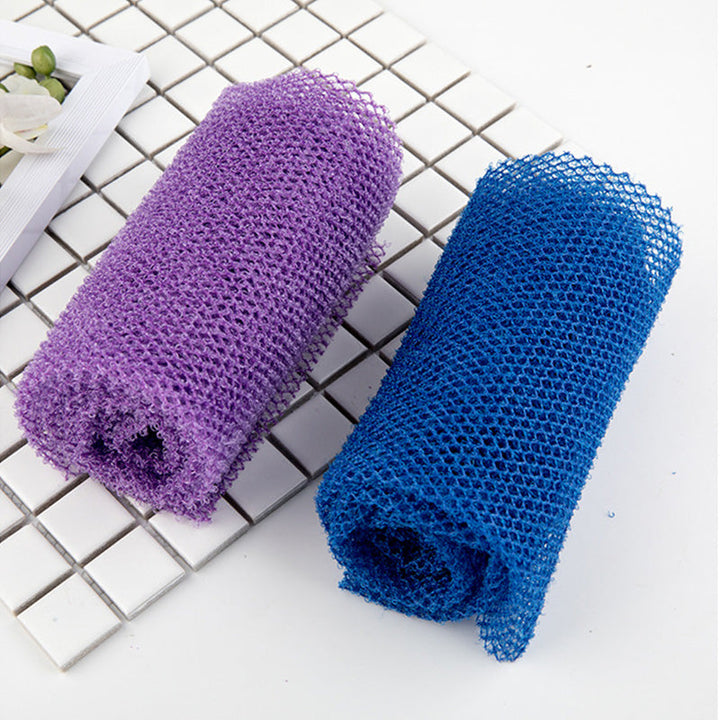 "Afrikanskt exfolieringsnät i nylon, blått, grovmaskigt för effektiv hudvård. Perfekt för hela kroppen, även svåråtkomliga om