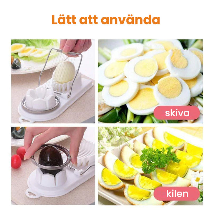 Äggskärare, vit och röd, av slitstarkt plast och rostfritt stål med dubbelkammardesign för skivning och klyvning.