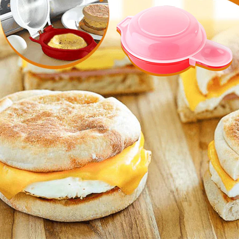 "Äggwich äggkokare i mikrovågsugn, rund design, fri från BPA, non-stick yta, perfekt för frukostmackor, enkel rengöring."