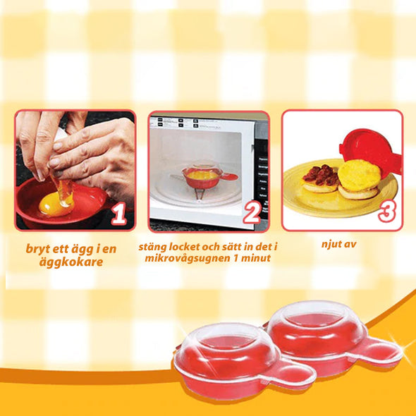 "Äggwich äggkokare i mikrovågsugn, rund design, fri från BPA, non-stick yta, perfekt för frukostmackor, enkel rengöring."