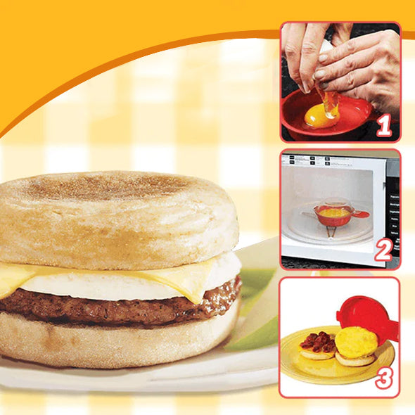 "Äggwich äggkokare i mikrovågsugn, rund design, fri från BPA, non-stick yta, perfekt för frukostmackor, enkel rengöring."