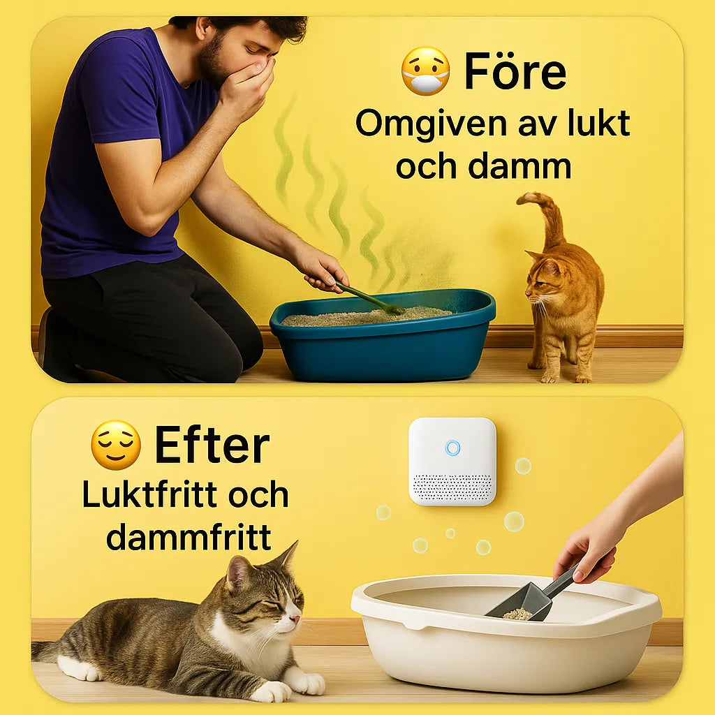 Kompakt Airclean luftrenare för kattlådan, med automatisk odörkontroll och tyst drift.