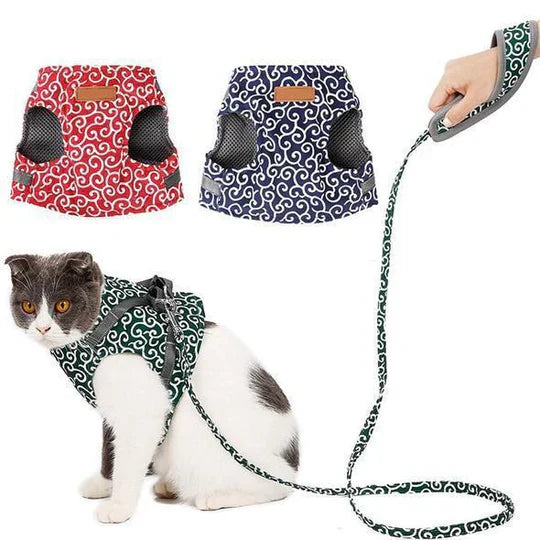 Kattpromenad med andningsaktiv kattsele och koppel. Säker, bekväm och justerbar för alla utomhustillfällen.