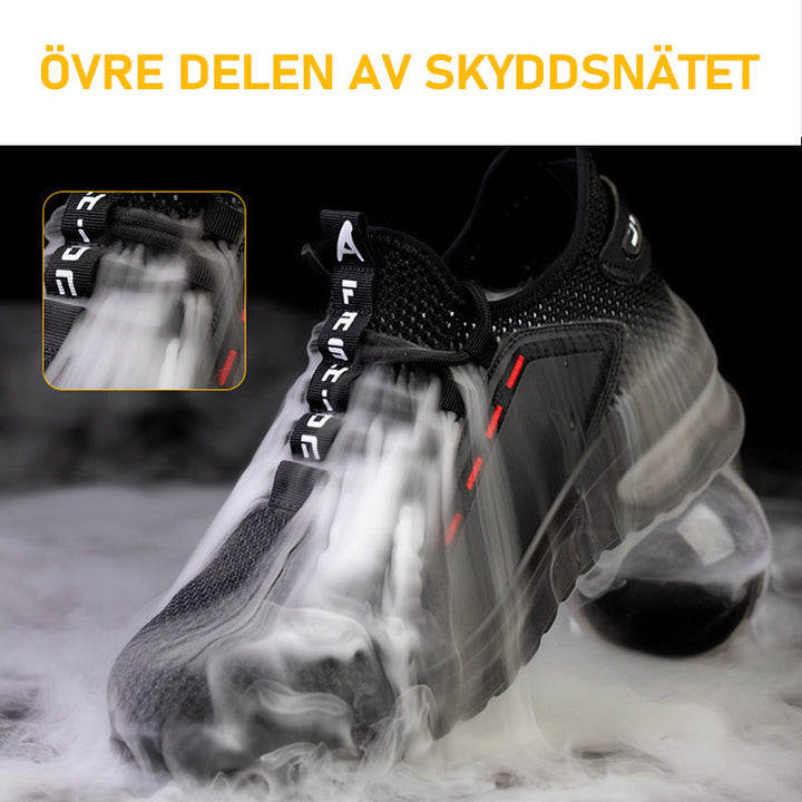 Andningsbara herrskyddsskor med ståltåhätta och Kevlarsula, andningsnät för svala fötter, i svart sportig design.
