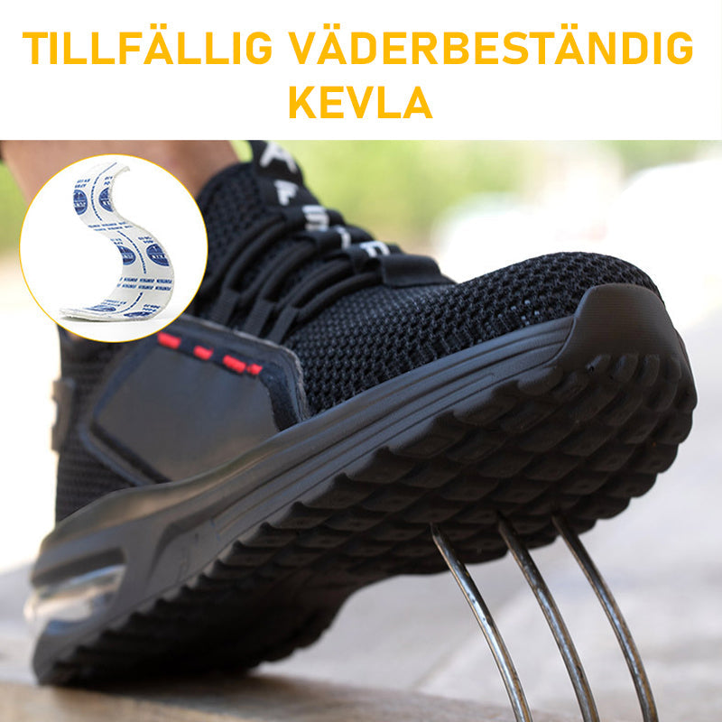 Andningsbara herrskyddsskor med ståltåhätta och Kevlarsula, andningsnät för svala fötter, i svart sportig design.