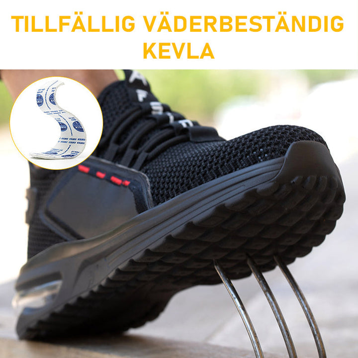 Andningsbara herrskyddsskor med ståltåhätta och Kevlarsula, andningsnät för svala fötter, i svart sportig design.