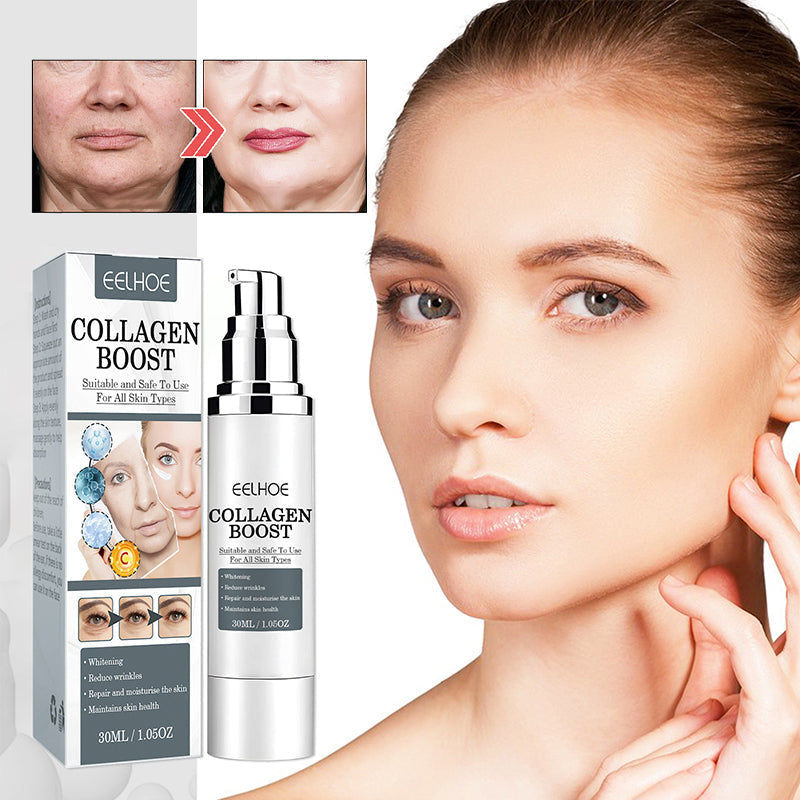 "Anti-aging kräm med kollagen, vit burk med gulddetaljer, främjar fastare och återfuktad hud, idealisk mot rynkor."