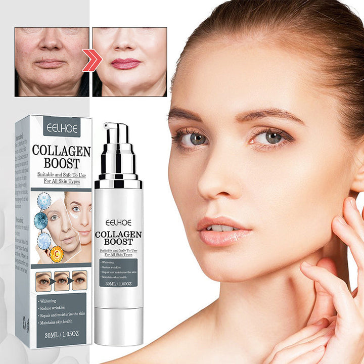"Anti-aging kräm med kollagen, vit burk med gulddetaljer, främjar fastare och återfuktad hud, idealisk mot rynkor."