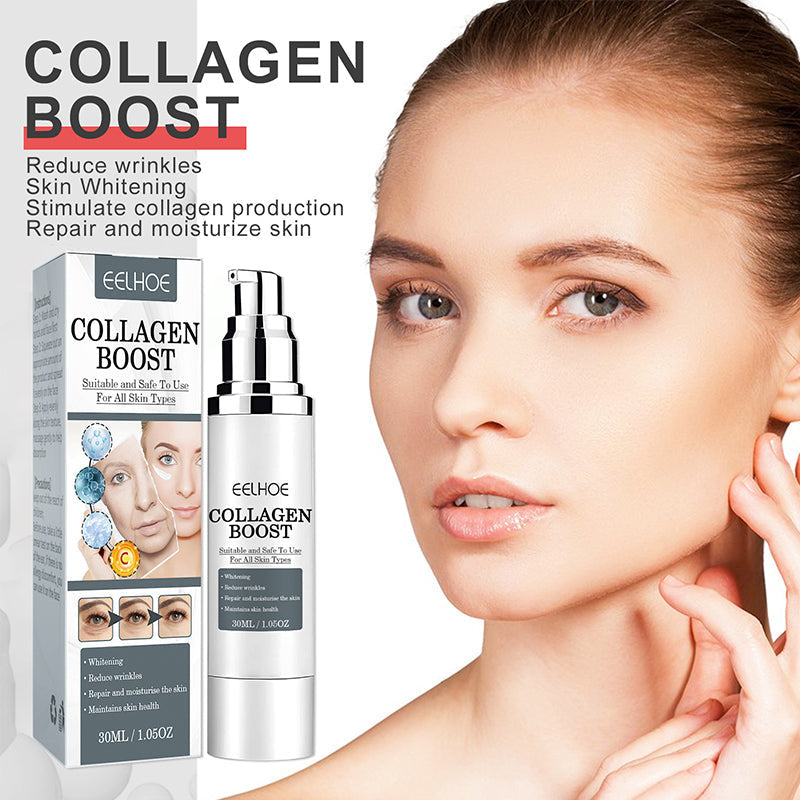 "Anti-aging kräm med kollagen, vit burk med gulddetaljer, främjar fastare och återfuktad hud, idealisk mot rynkor."