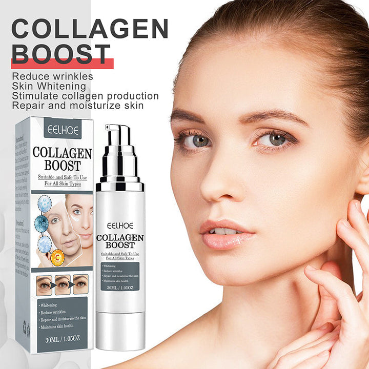 "Anti-aging kräm med kollagen, vit burk med gulddetaljer, främjar fastare och återfuktad hud, idealisk mot rynkor."