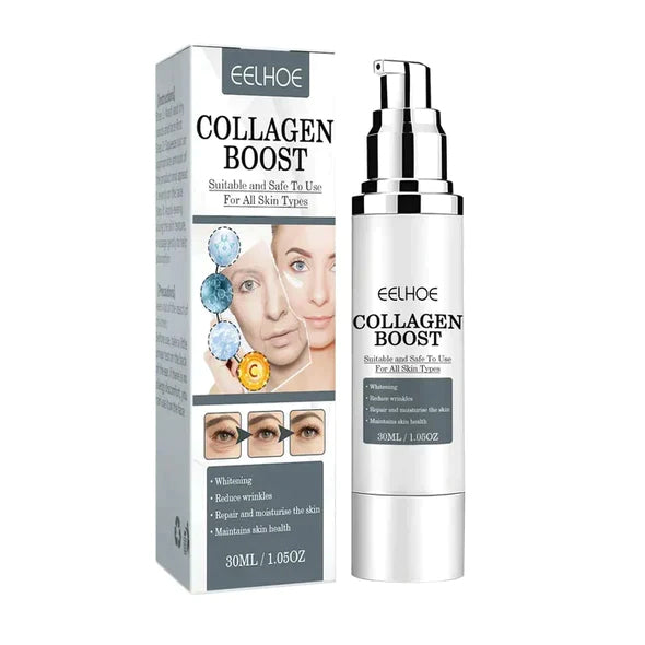 "Anti-aging kräm med kollagen, vit burk med gulddetaljer, främjar fastare och återfuktad hud, idealisk mot rynkor."