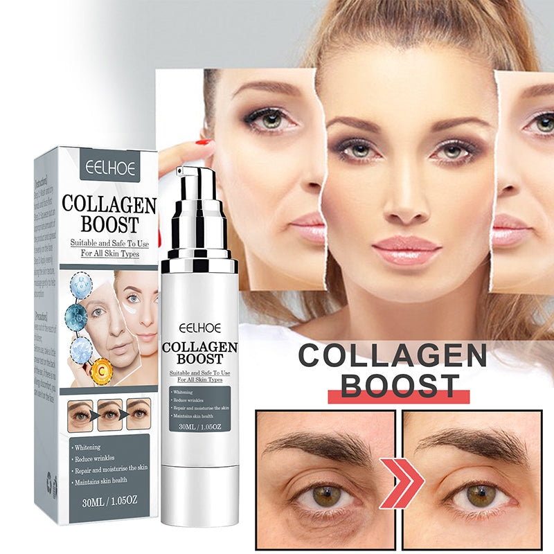 "Anti-aging kräm med kollagen, vit burk med gulddetaljer, främjar fastare och återfuktad hud, idealisk mot rynkor."