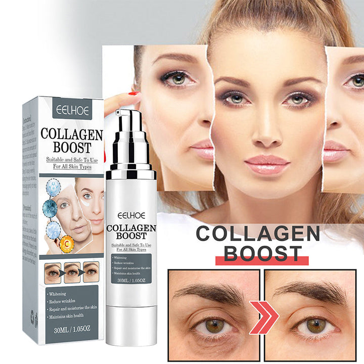 "Anti-aging kräm med kollagen, vit burk med gulddetaljer, främjar fastare och återfuktad hud, idealisk mot rynkor."