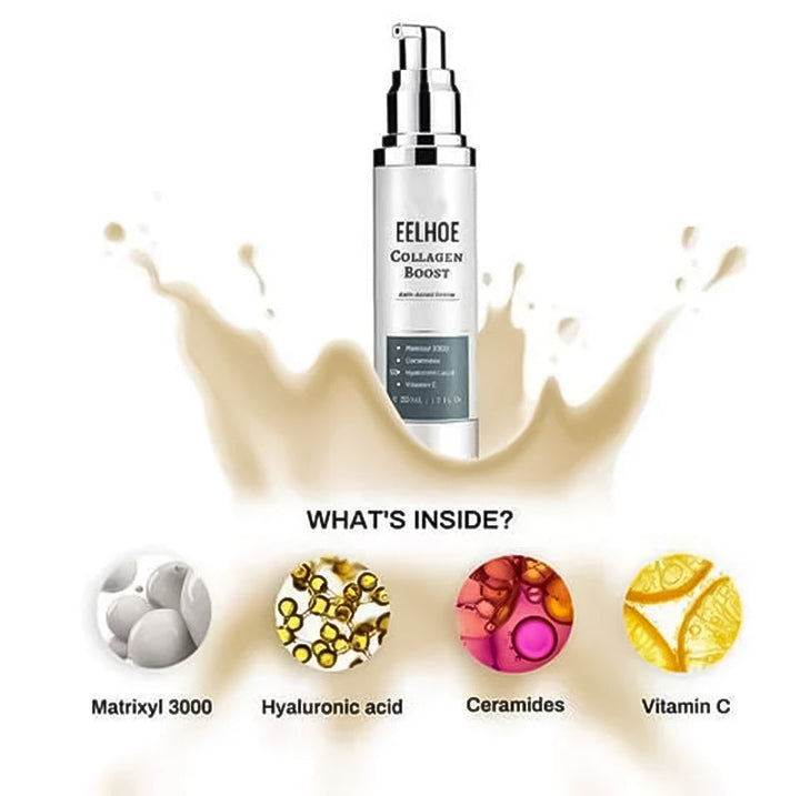 "Anti-aging kräm med kollagen, vit burk med gulddetaljer, främjar fastare och återfuktad hud, idealisk mot rynkor."